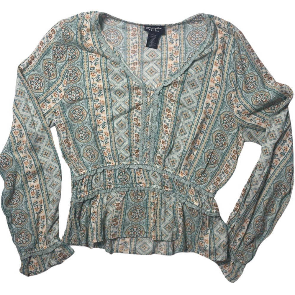 Wrangler Retro Womens Blouse Crochet Trim Boho Style Green Print Size Large